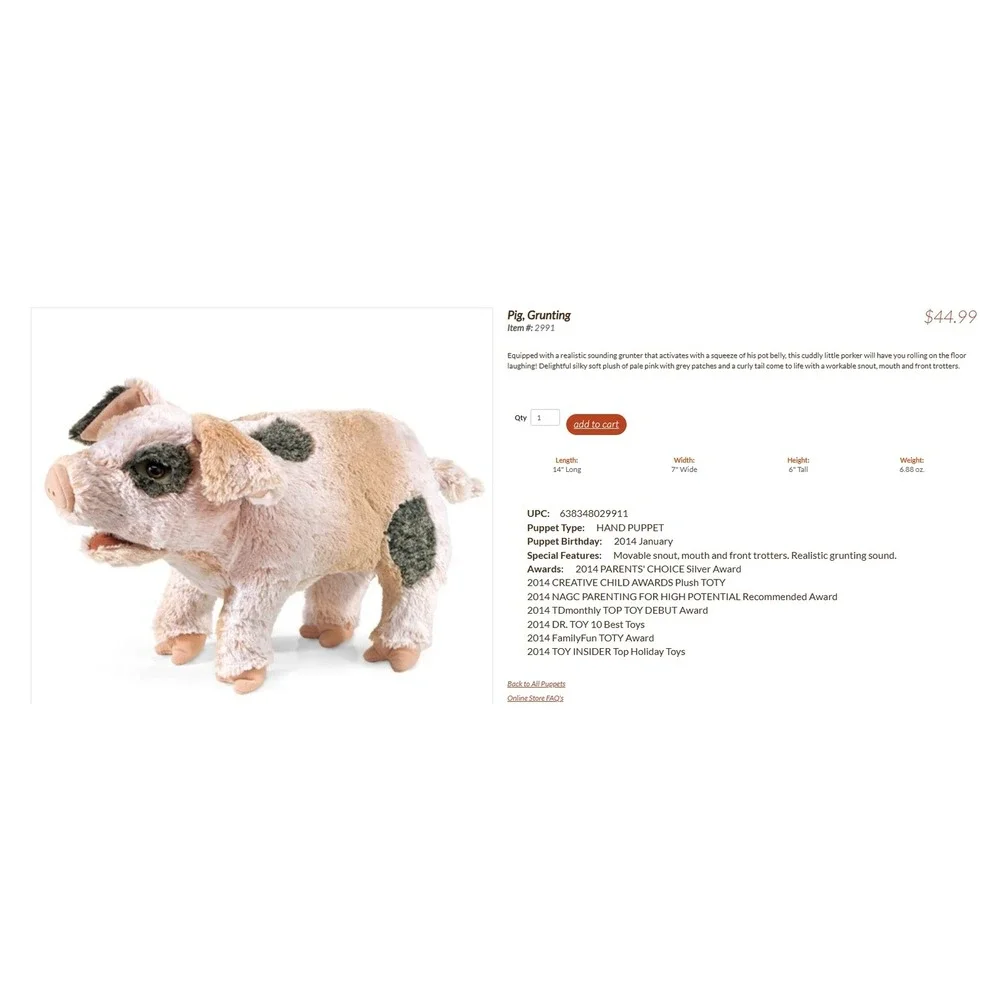 Folkmanis Grunting Pig Hand Puppet Spotted Tan Black Plush 2991 Sound Maker